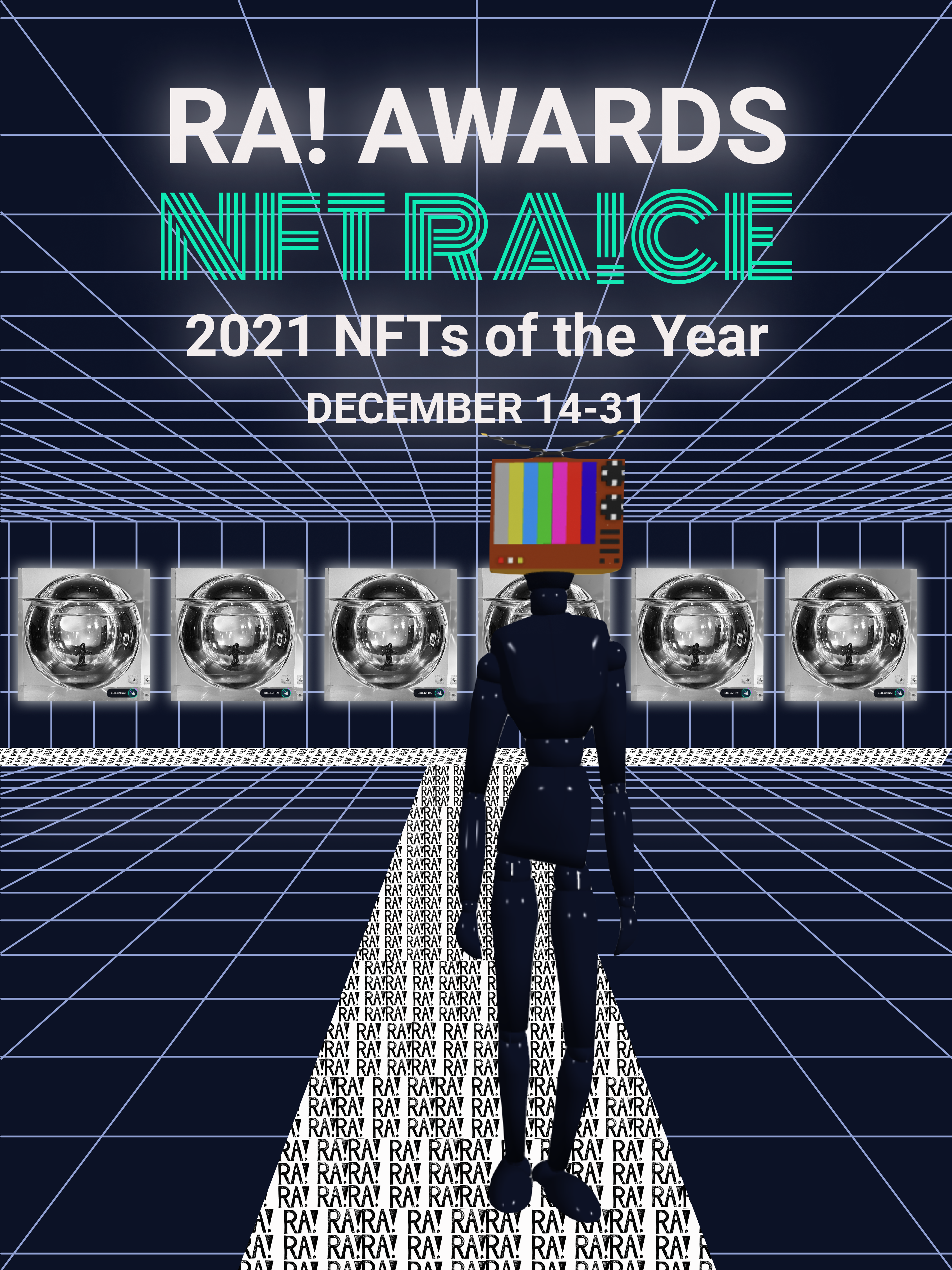 Created by @lwsnbaker, founder of RARA, this piece represents the future of NFTs and social life on the Internet. As NFTs win RA!CEs, the RA!CE Galleries in NFT metaverses will be filled with the best NFTs according to fans. Here the metaverses go three layers deep. The avatar is a picture of @lwsnbaker's Cryptovoxel avatar with a TV screen on his head with the "Please Stand By" screen of the 1990's, an ode to how we previously consumed rather than experienced art. Behind him is a metaverse gallery of the future featuring 6 artworks alluding to the RA! Award Exhibits. Each artwork includes a $RA! count from fans and a B&W photo of acrylic cube. This cube represents the third layer of metaverse where a moon man on a skateboard (😉 MTV) is experiencing something fresh, life in the metaverse. His signature? IYKYK.